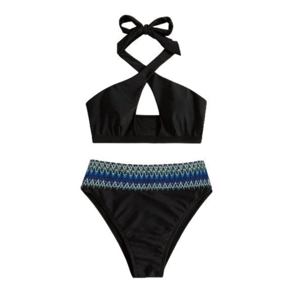 Women's Black Halter High Waist Bikini Swimsuit Stitched Size Small NWT #1918